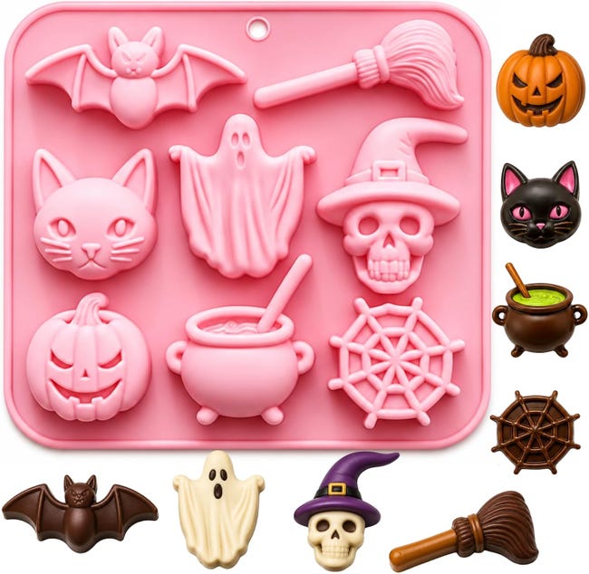 Halloween-silikonform: Fledermaus, Besen, Katze, Geist, Totenkopf, Kürbis, Spinnennetz, Alchemieofen, Schokoladenbackform