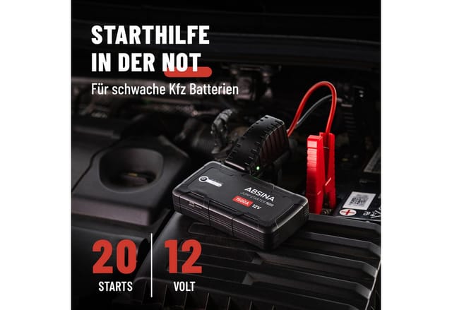 ABSINA Auto Starthilfe Powerbank 1500A - 12V Booster, Ladegerät KFZ Starthilfegerät 2500 mAh (14,8 V)