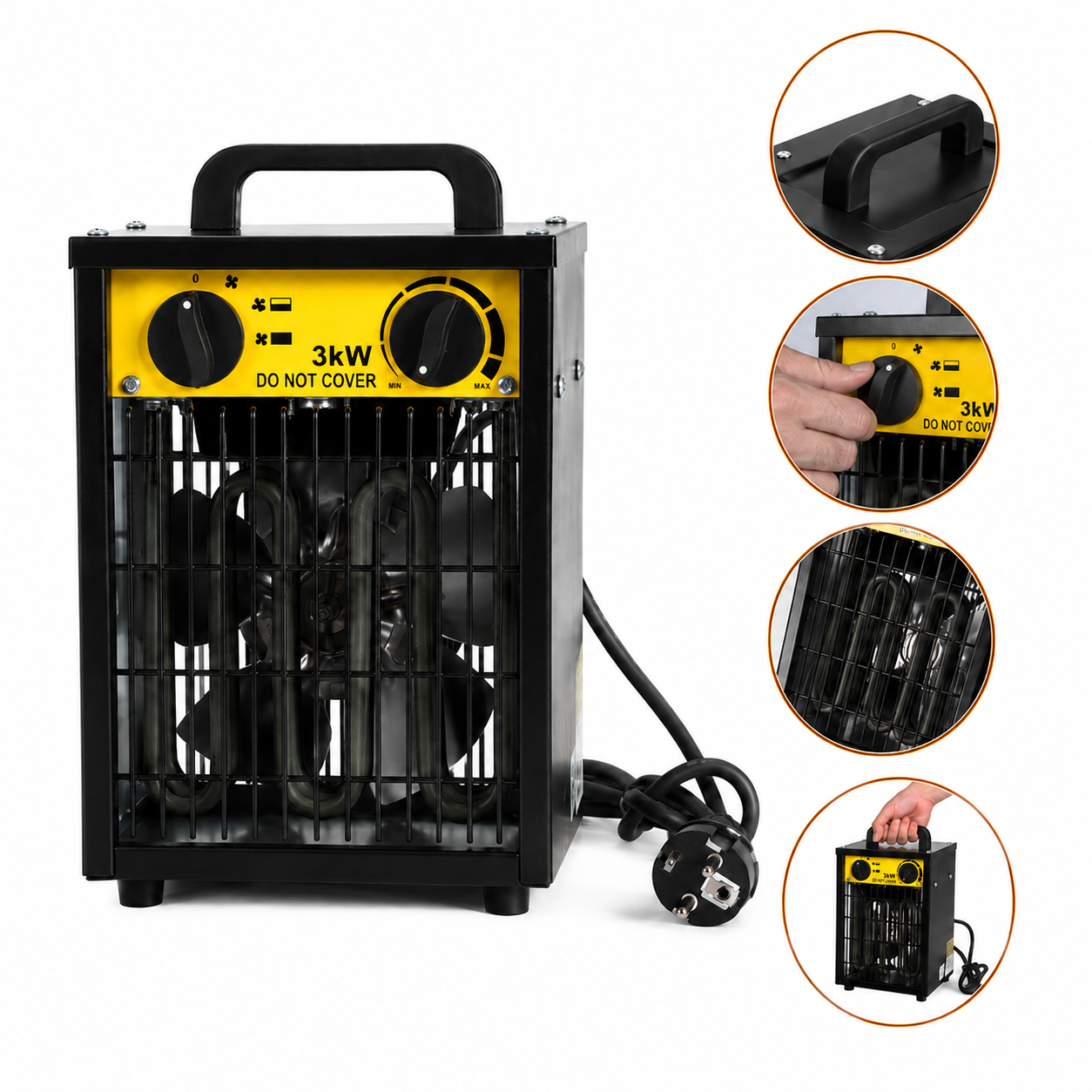 Jiubiaz 3000w Elektroheizer Heizlüfter, 2 Heizstufen + Kaltluft, Thermostat, Werkstatt Garage, Schwarz-gelb