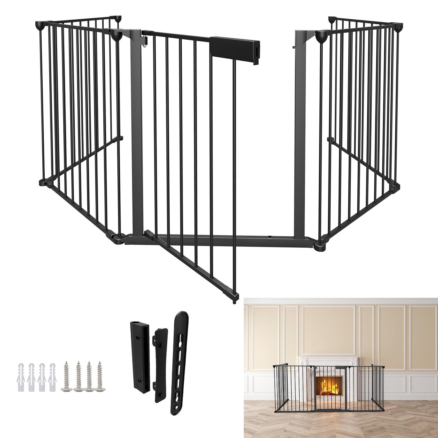 Jiubiaz 2er Set Kaminschutzgitter 5-teilig 310 Cm Mit Tür, Faltbar Mit Einhandverschluss, Schwarz