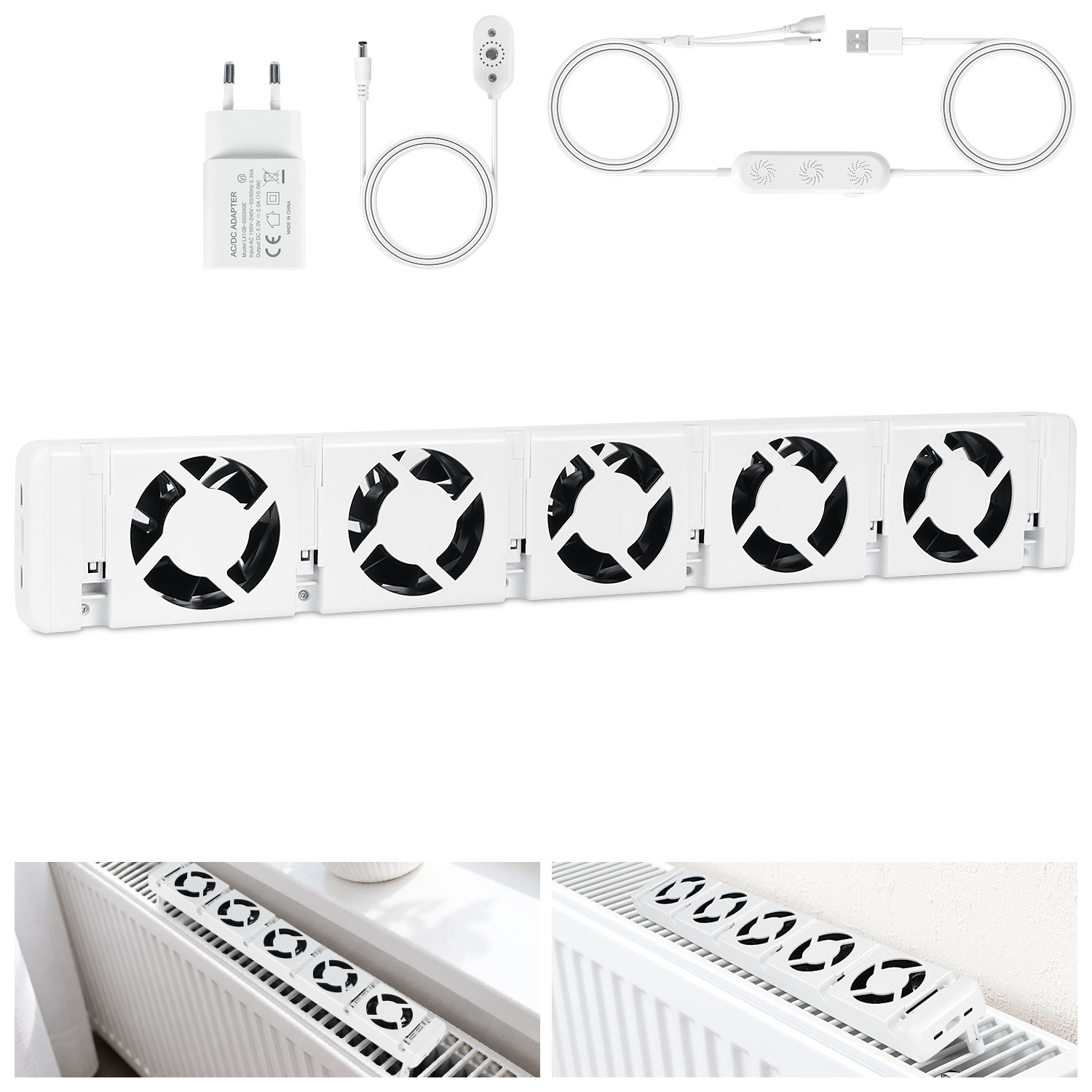 Jiubiaz Heizkörperverstärker 1er Set Mit 5 Lüftern, 47 Cm, Regelbar, Temperaturfühler, Magnetisch, Für 70–100 Cm