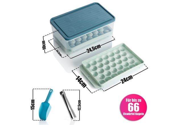 BigDean Eiswürfelform für 66 runde Eiskugeln – Set mit Deckel, Box, Schaufel & Zange, (Set 4-tlg), Maximale Ausbeute, Full-Service-Set, Lebensmittelecht
