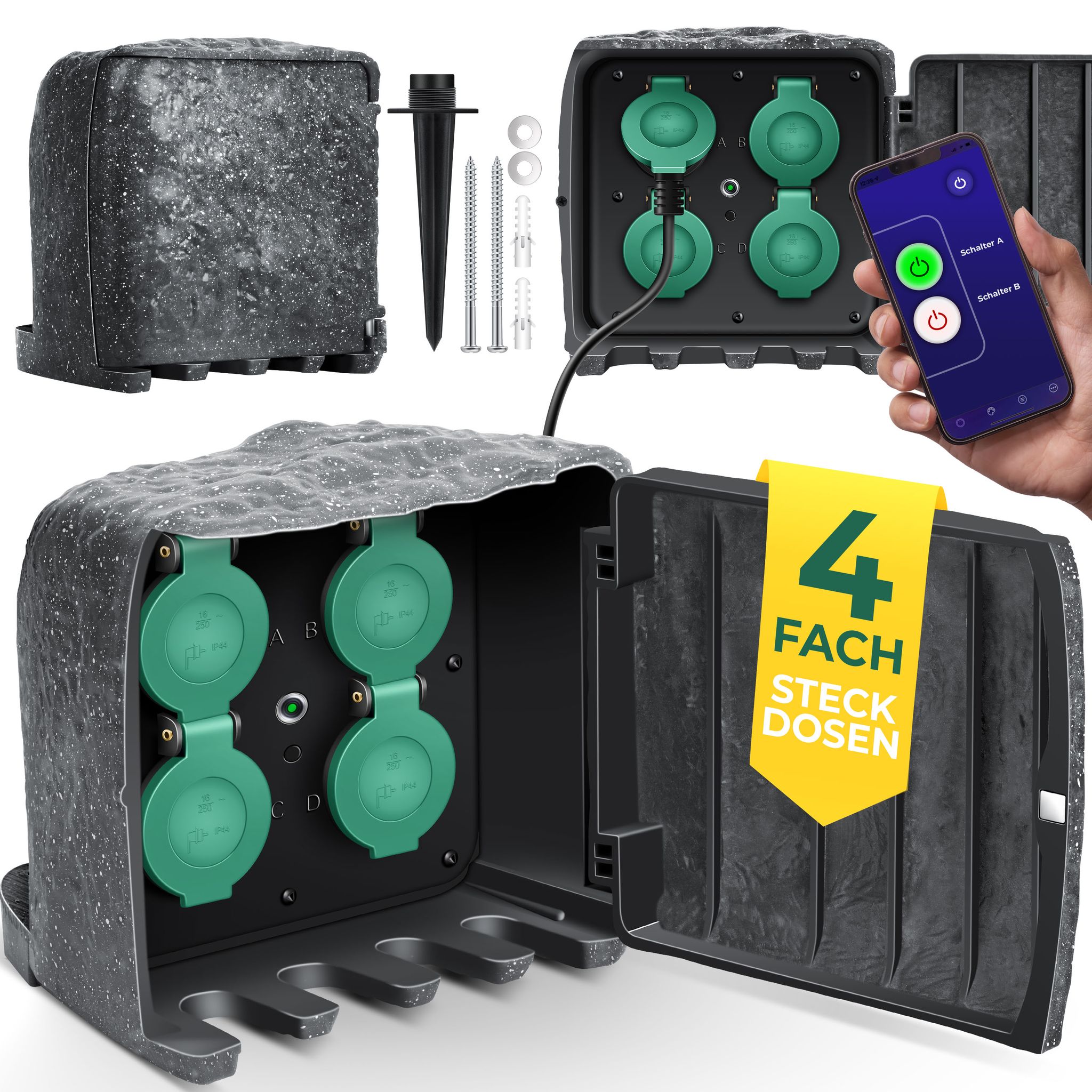 Kesser® Gartensteckdose Steinoptik, 4-fach, Ip44 - Anthrazit, Box