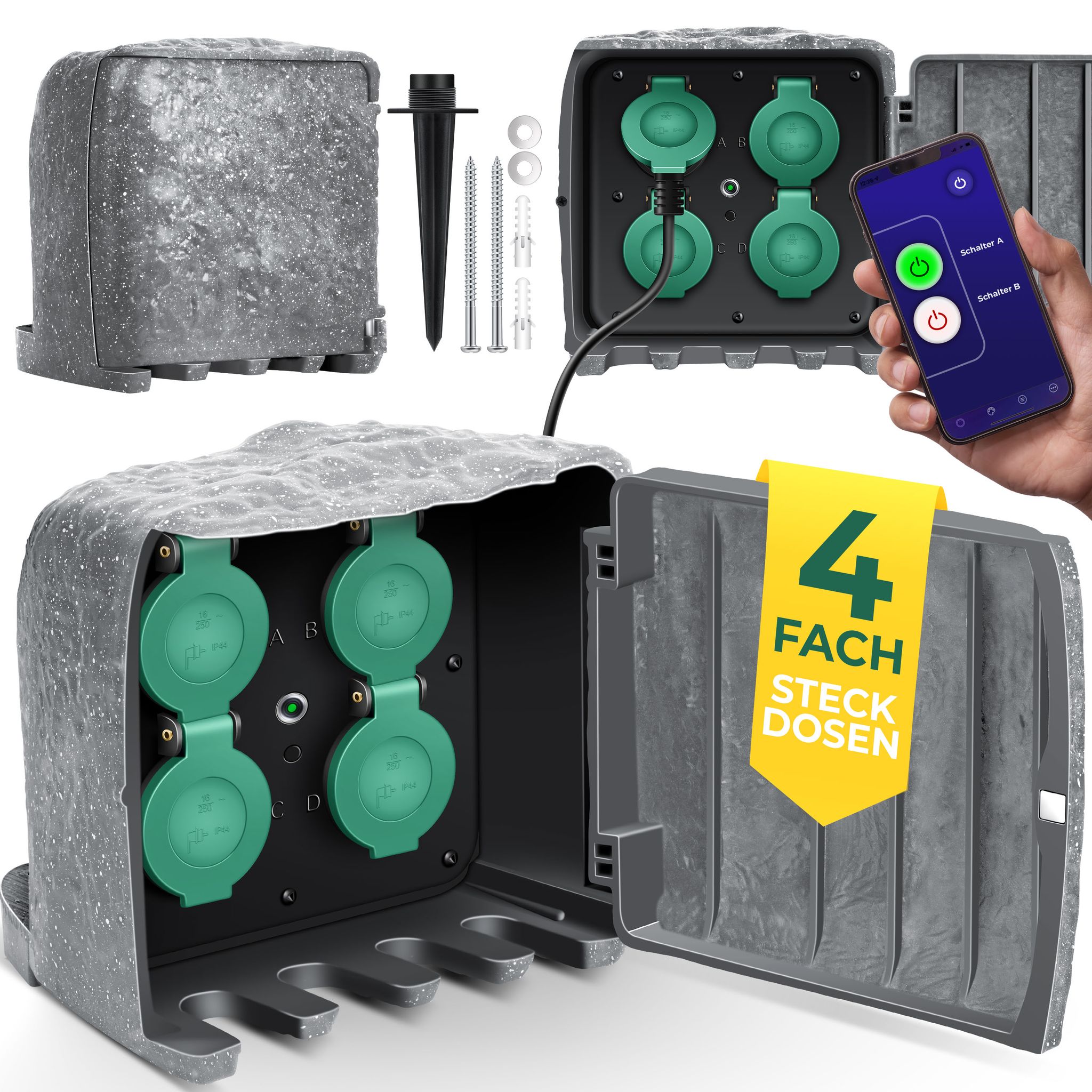 Kesser® Gartensteckdose Steinoptik, 4-fach, Ip44 - Grau, Box