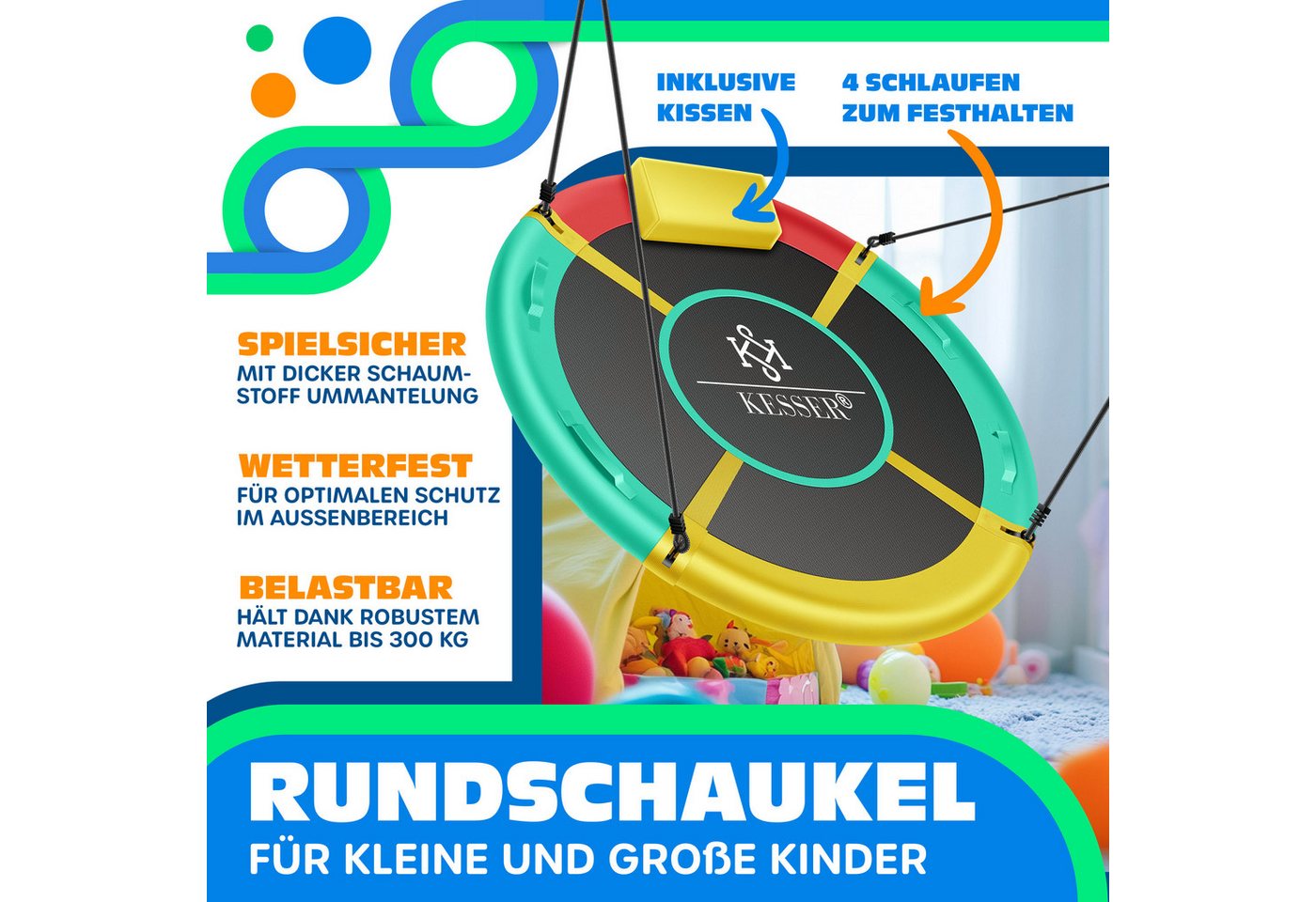 Kesser® Nestschaukel Tellerschaukel, Verstellbar - Mehrfarbig, 60cm