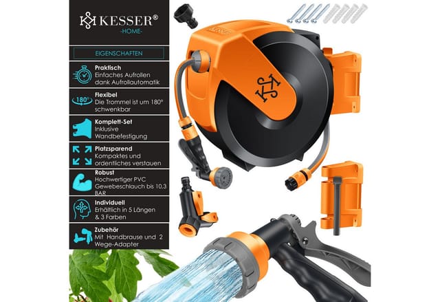 Kesser® Schlauchtrommel Wandmontage, Auto-aufrollung - 15 M, Schwarz / Orange