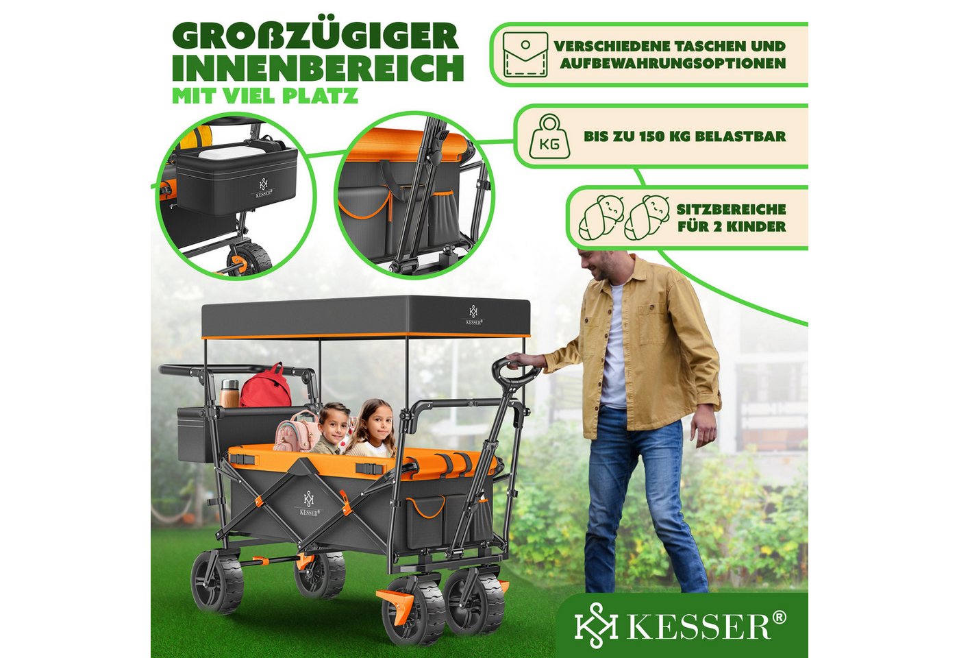 Kesser® Bollerwagen Faltbar Gt9000 Mit Dach - Anthrazit / Orange Bild 2