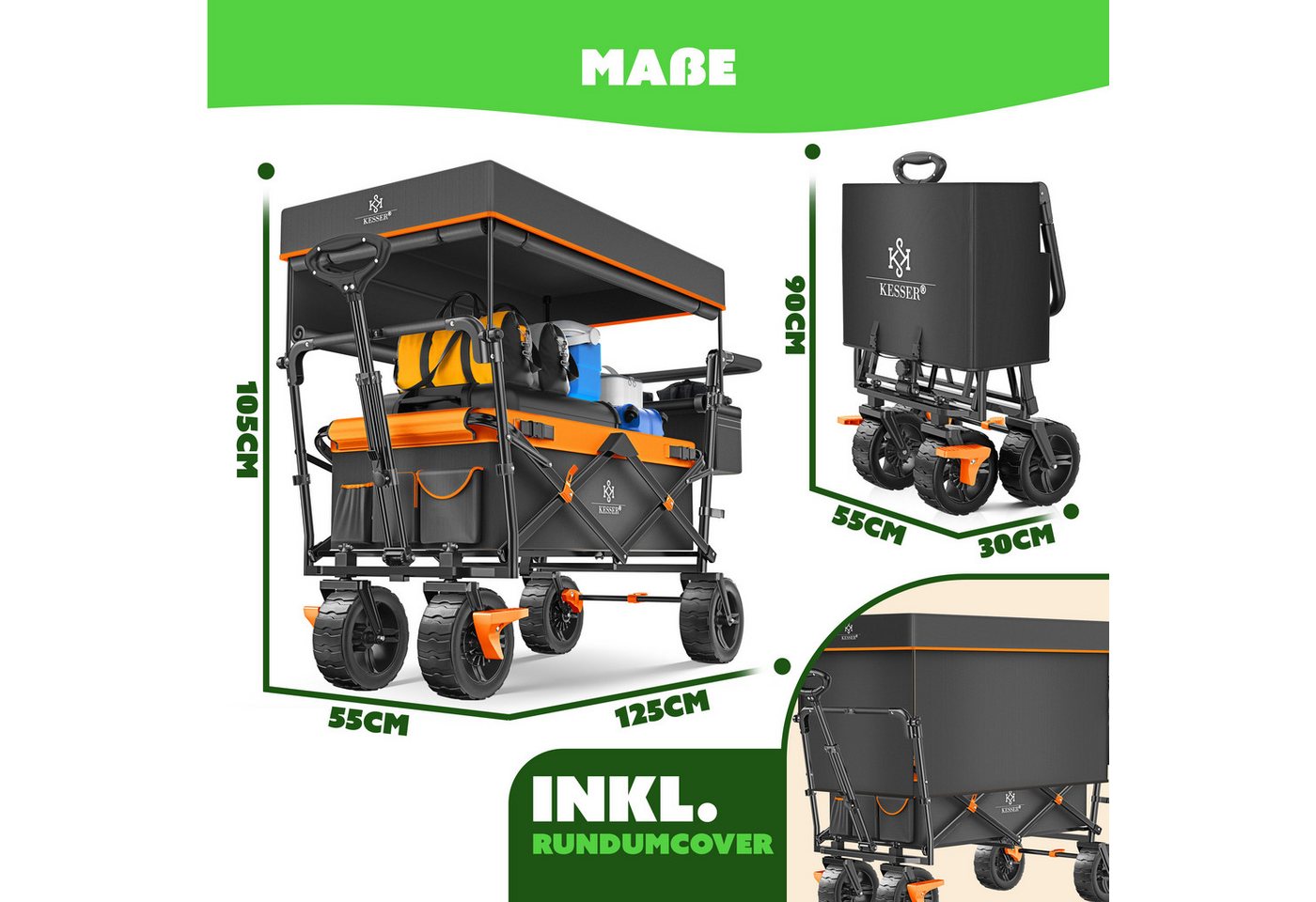 Kesser® Bollerwagen Faltbar Gt9000 Mit Dach - Anthrazit / Orange Bild 3