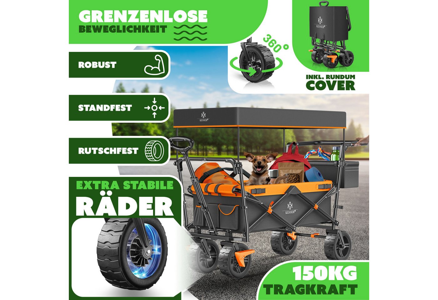 Kesser® Bollerwagen Faltbar Gt9000 Mit Dach - Anthrazit / Orange Bild 5