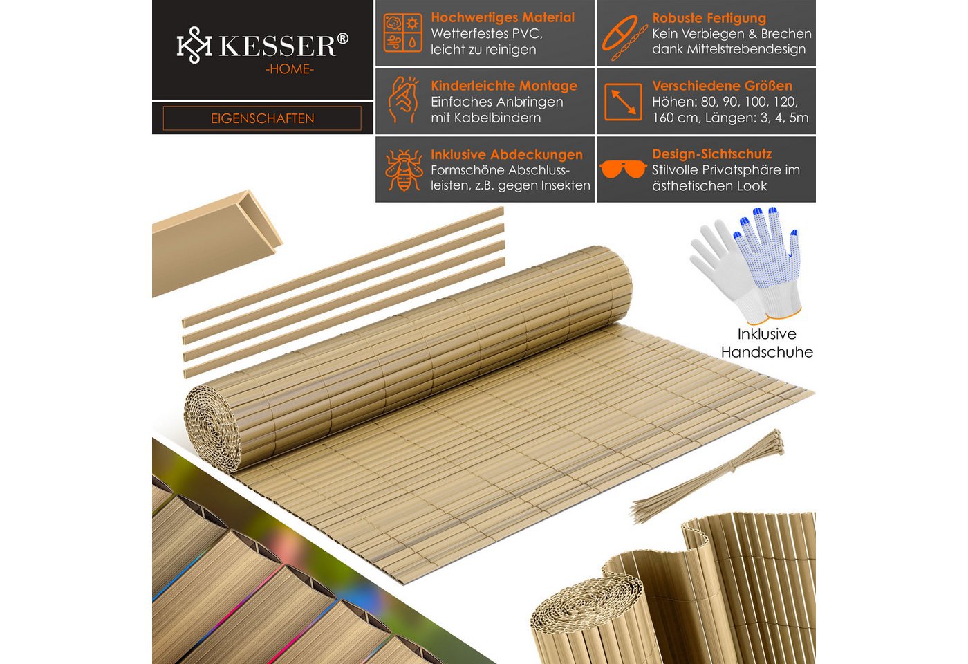 Kesser® Pvc Sichtschutzmatte, Blickdicht, Windfest - 100 X 400 Cm, Bambus