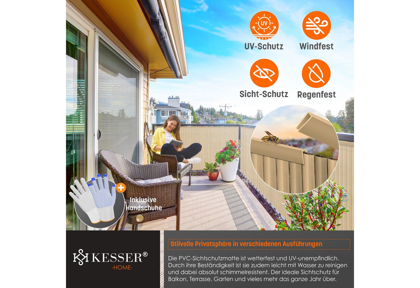 Kesser® Pvc Sichtschutzmatte, Blickdicht, Windfest - 100 X 400 Cm, Bambus Bild 4