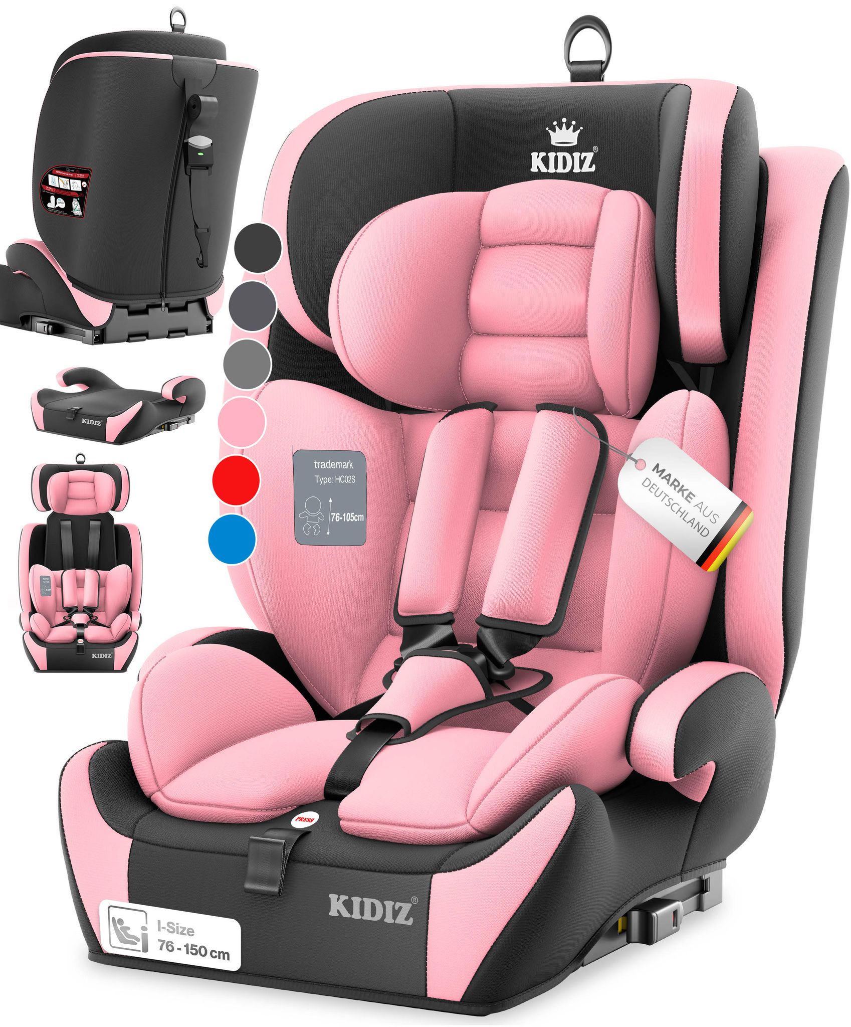 Kidiz® Autokindersitz, Gruppe 1+2+3, 9-36 Kg, 5-punkt-gurt - Rosa