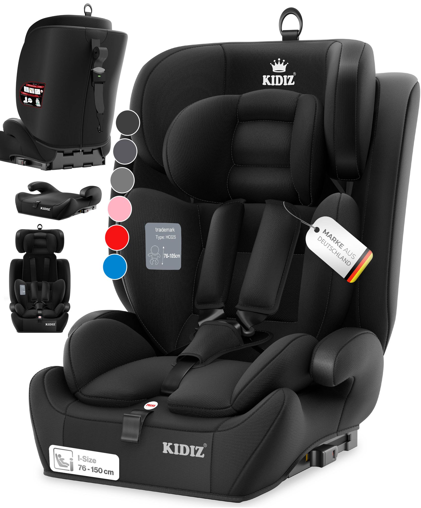 Kidiz® Autokindersitz, Gruppe 1+2+3, 9-36 Kg, 5-punkt-gurt - Schwarz