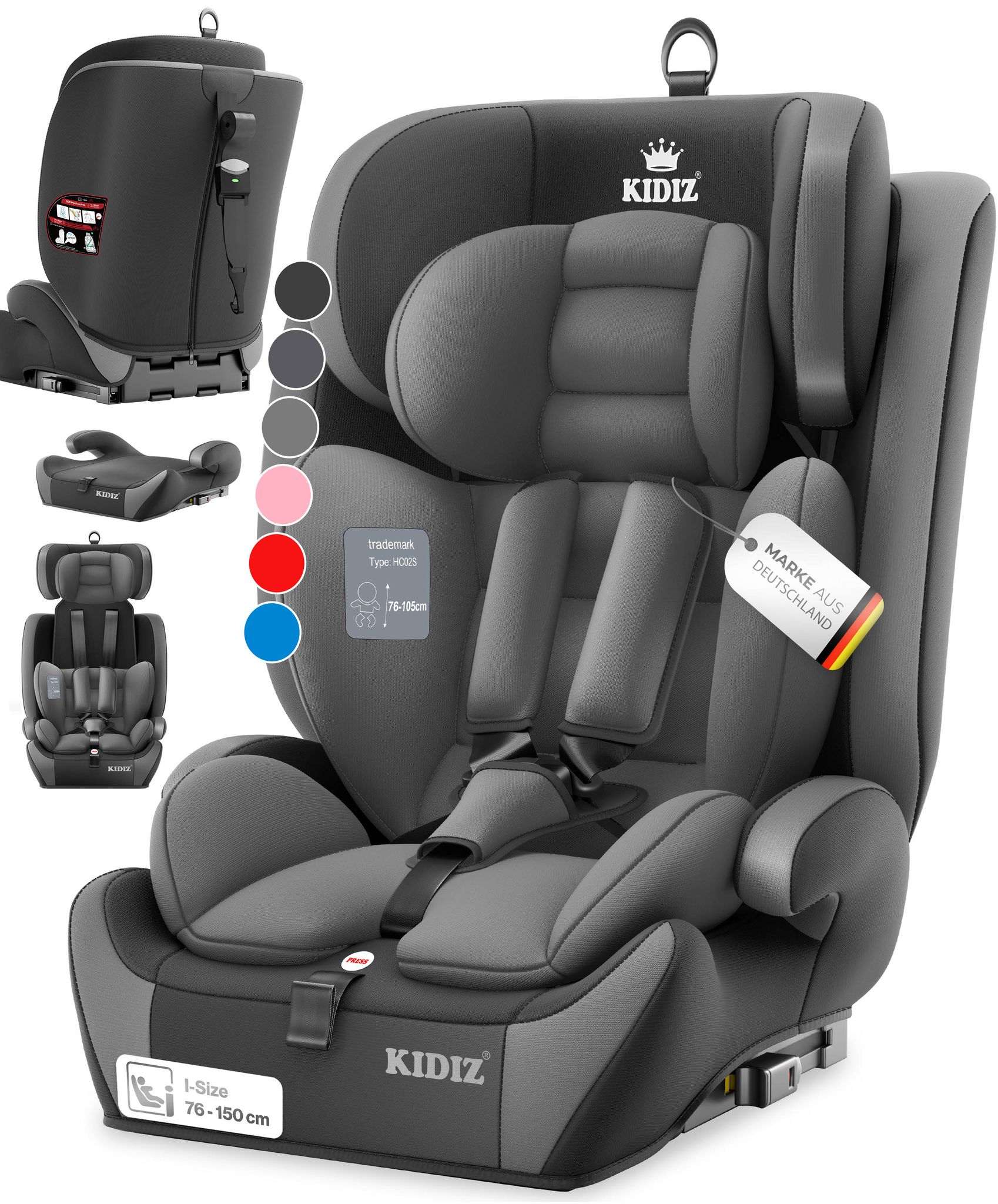 Kidiz® Autokindersitz, Gruppe 1+2+3, 9-36 Kg, 5-punkt-gurt - Grau