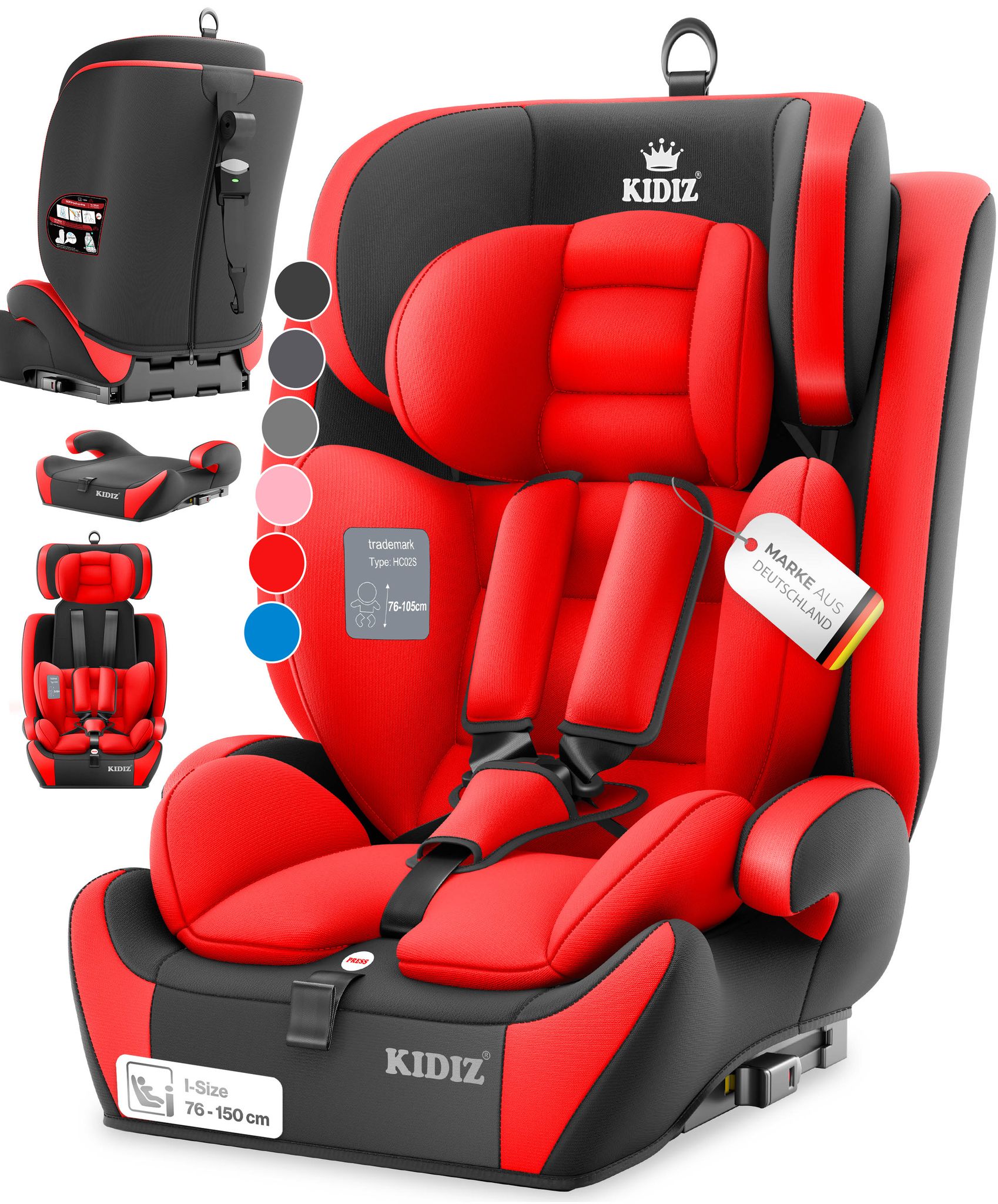 Kidiz® Autokindersitz, Gruppe 1+2+3, 9-36 Kg, 5-punkt-gurt - Rot
