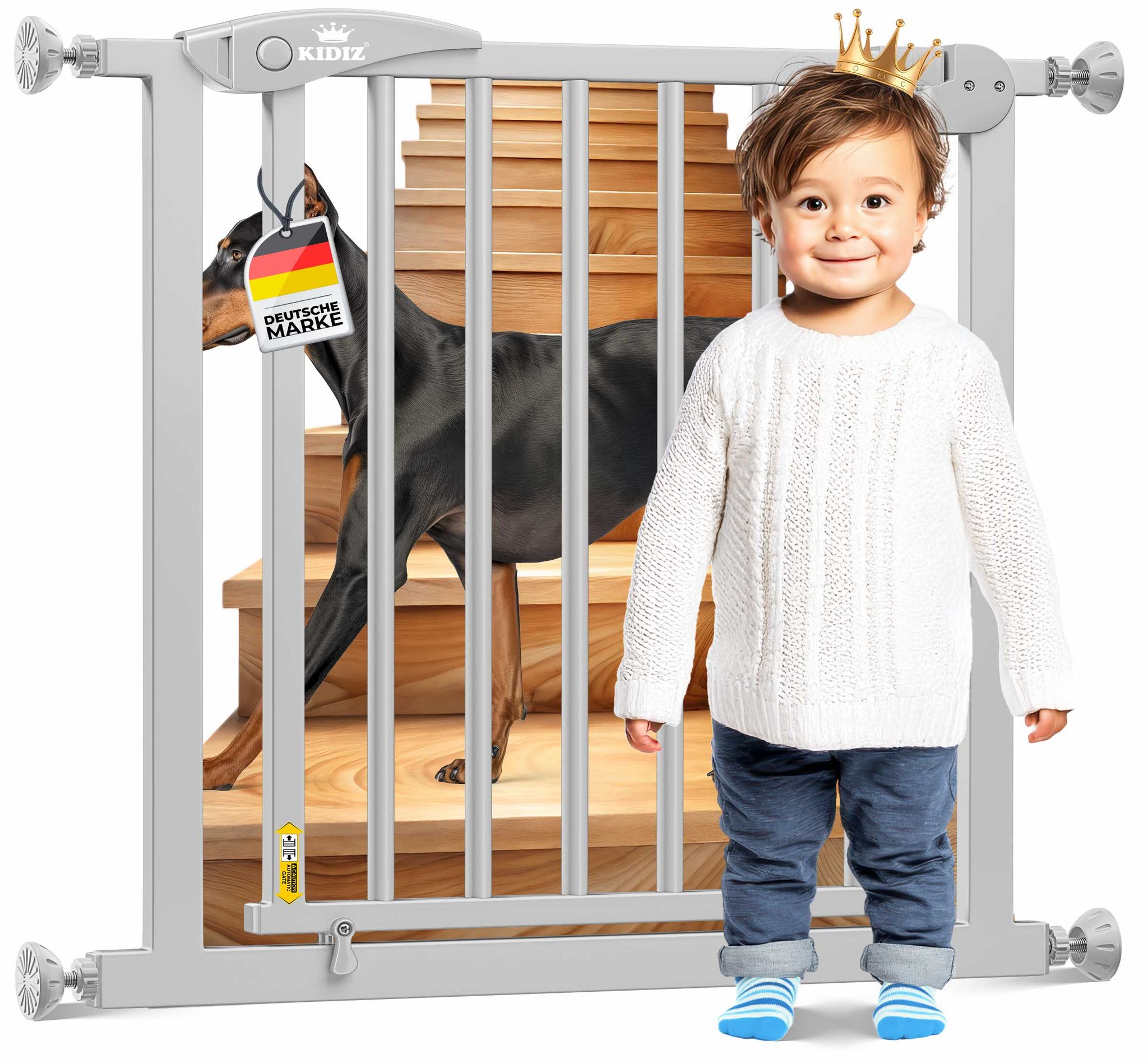 Kidiz® Schutzgitter Für Treppen & Tür, Auto Close, 90° Stop, Ohne Bohren - 81-94 Cm, Grau, +7 Cm