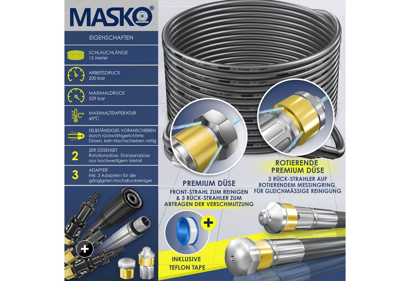 Masko® Rohrreinigungsschlauch Premium, 200 Bar - 15m, Anthrazit - Premium Bild 2