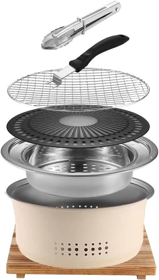 Tragbarer Edelstahl-holzkohlegrill, 26,7cm, Rund, Mit Antihaft-bratplatte, Bbq Grills Holzkohlekocher Für Zuhause, Party, Outdoor, Camping