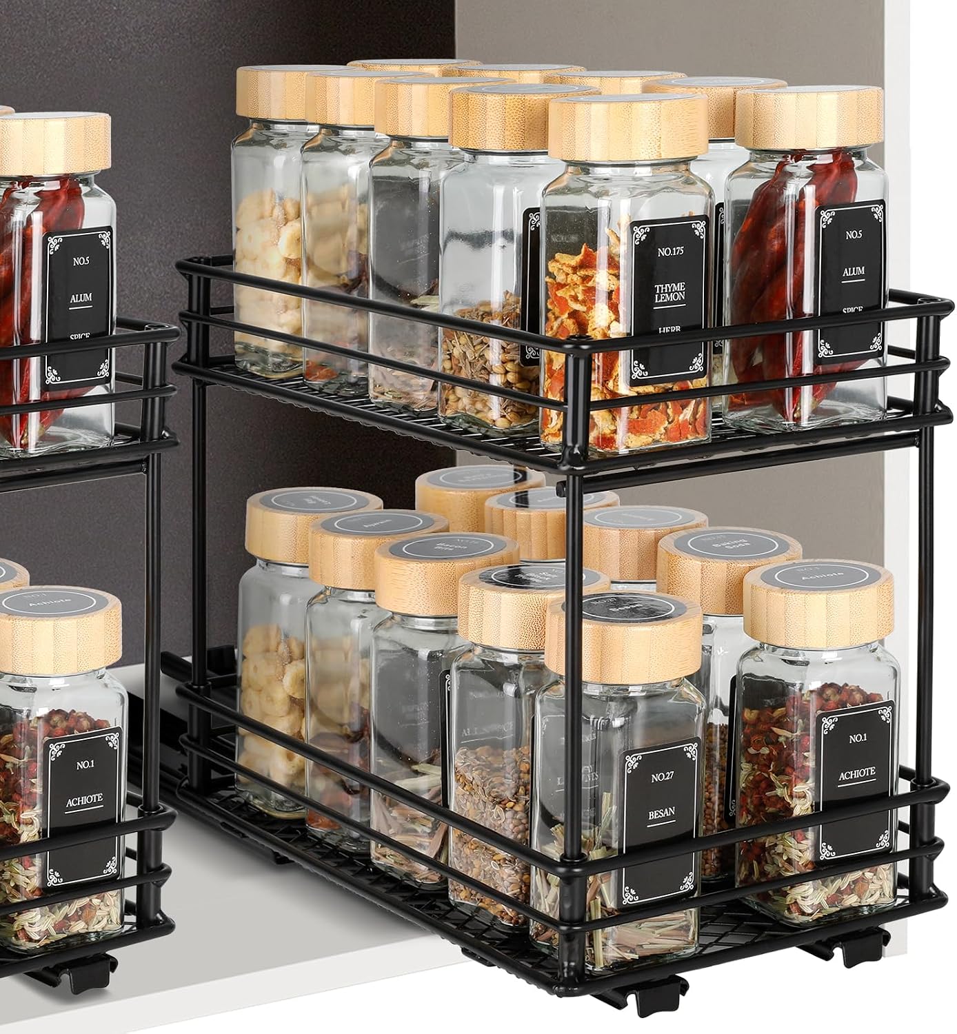 Ausziehbares Gewürzregal Mit 2 Ebenen – Küchenorganizer Mit Rollenschienen, Gewürzständer Für Schrank(26x15x21,8 Cm)