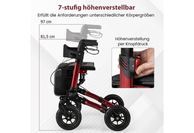 COSTWAY Rollator, Gehhilfe mit Luftbereifung, Aluminium, bis 140 kg