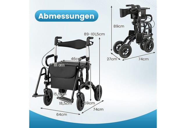 COSTWAY Rollator, mit Luftbereifung & faltbar, Aluminium, bis 140 kg