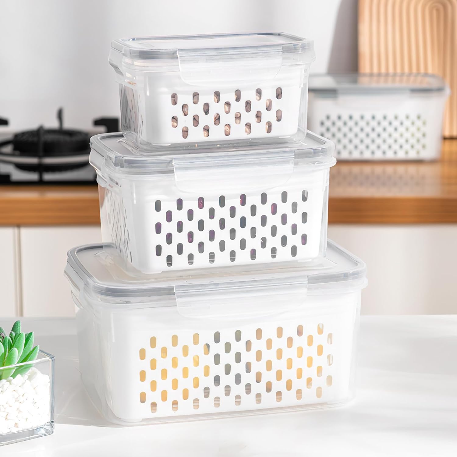 3er Aufbewahrungsbox, Frischhaltedosen Für Kühlschrank Frischhaltedosen Obst Gemüse Mit Deckel Und Abtropfsieb Doppel Kühlschrank Organizer (grau)
