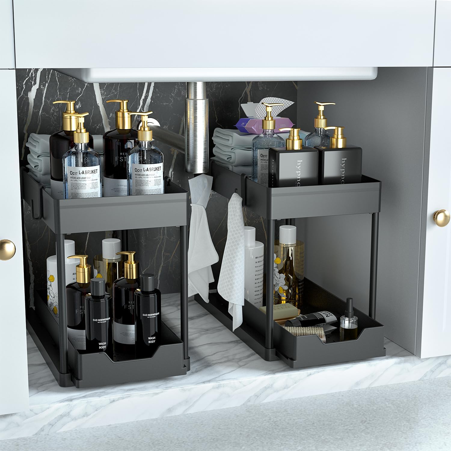 Küchen Organizer, 2 Unter Waschbecken Regal, Schrank Küchenorganizer Mit 4 Haken, Schrankkorb Für Küche, Bad, Putzmittel, Waschmittel （schwarz）