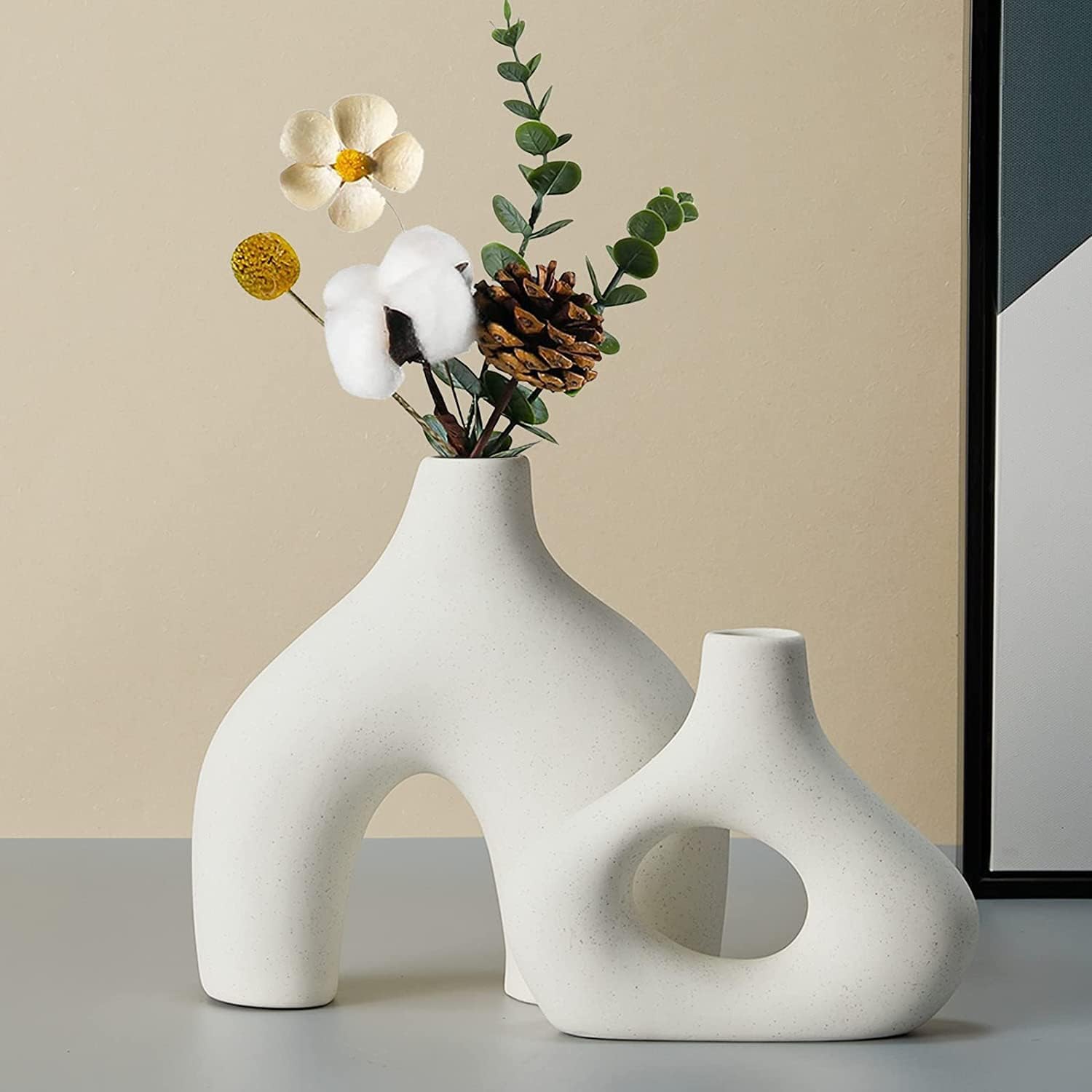 Weiße Keramikvase 2er-set Doppelberg Vasen Für Moderne Boho Nordic Minimalismus-stil Dekoration-vasen Für Wohnzimmer,hochzeit, Abendessen Tisch, Party
