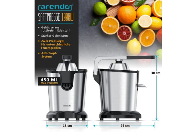 Arendo Entsafter Saftpresse elektrisch, Zitruspresse, Orangenpresse, Edelstahlkegel, 1000 W, 0,45 L Behälter, 2 Presskegel, spülmaschinengeeignet, BPA frei