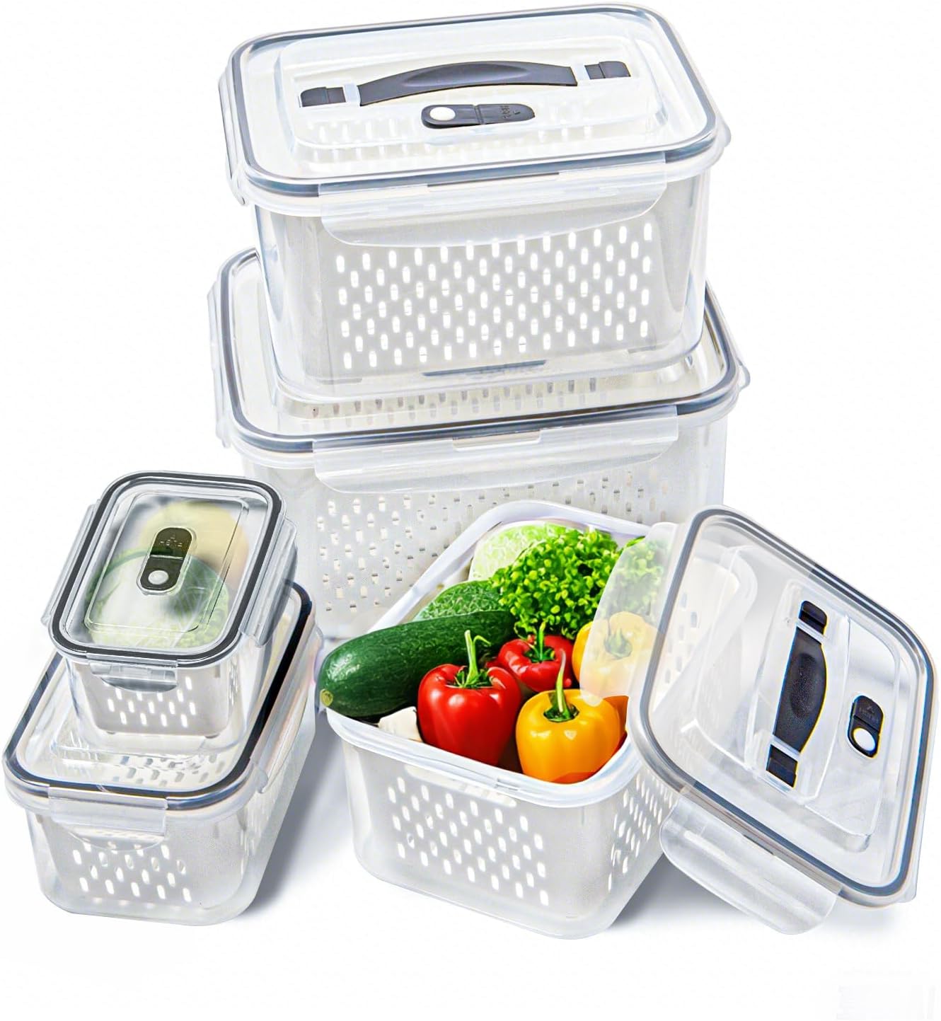 Kühlschrank Organizer Mit Deckel Und Ablaufkorb 5er Set Frischhaltedosen Für Obst Und Gemüse Aufbewahrung Kühlschrank Für Salat Beeren,5 Größen