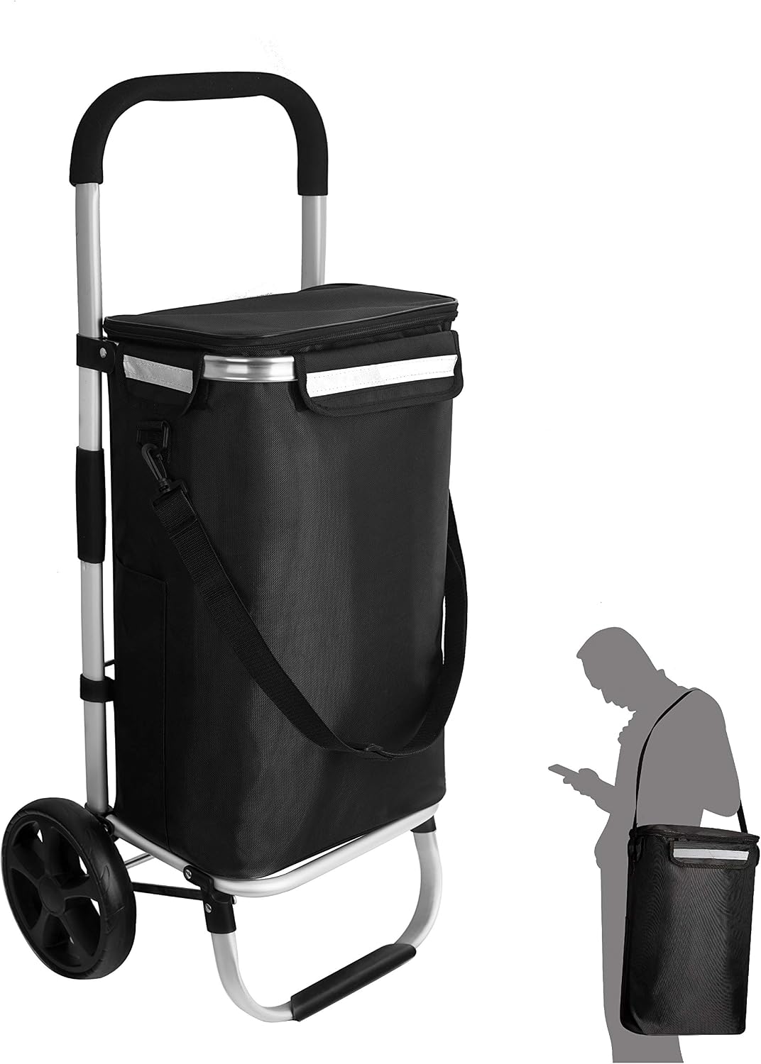 Einkaufstrolley Mit Kühlfach Hochwertiger Aluminium Rahmen, Einkaufsroller Mit Seitentaschen, Abnehmbare Tasche Als Tragetasche Nutzbar, Schwarz