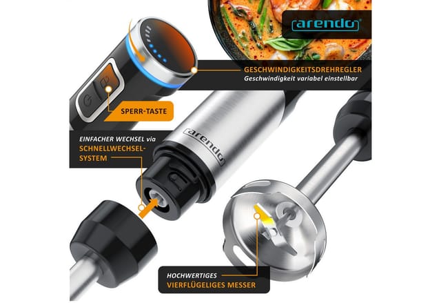 Arendo Akku-Stabmixer Edelstahl Pürierstab, Handmixer, stufenlose Regelung, Li-Ionen-Akku, 200 W, mit Schneebesen, Messbecher, 4-Klingen-Messer, Mixfuß, Tastensperre