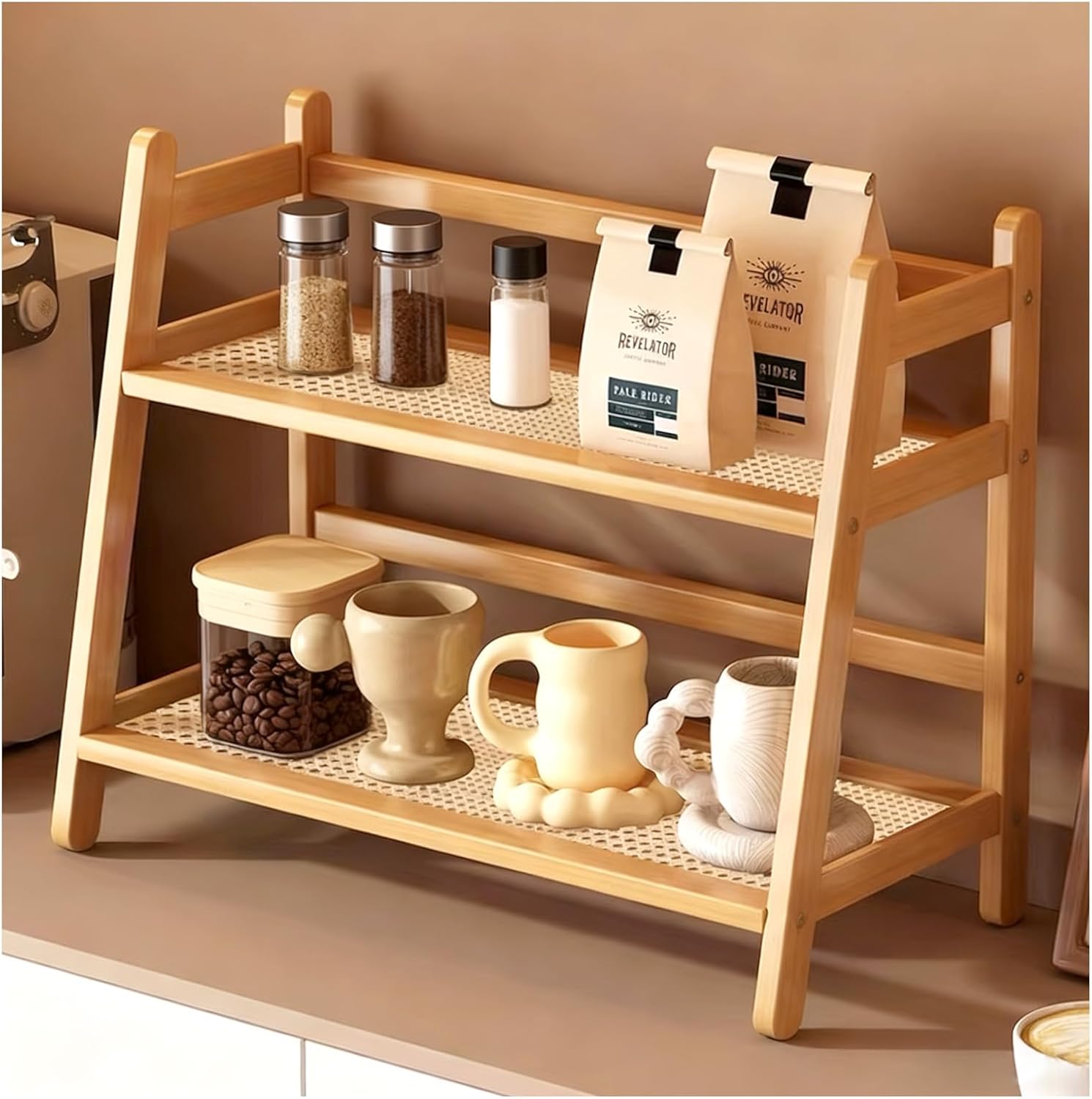 Küchen Organizer 2 Tiers Bambus Nachahmung Rattanweberei Deko Küche,gewürzregal Stehend Küche Aufbewahrung (holz 40 18 29)