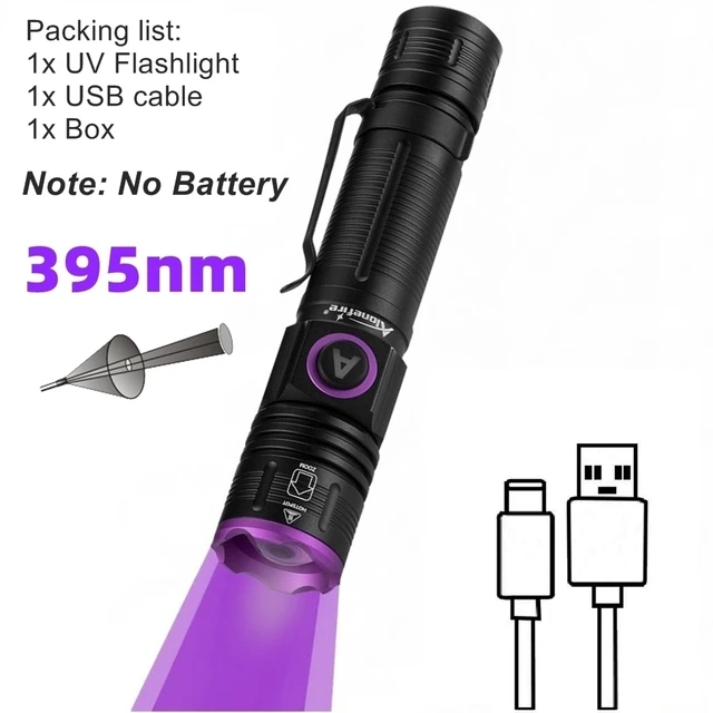 Wiederaufladbare Usb-uv-zoom-taschenlampe (395 Nm) Für Nagelpflege Und Geldmotten-erkennung