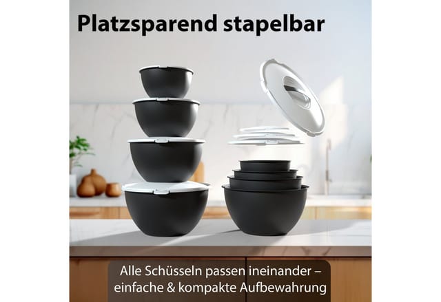 BigDean Salatschüssel Set groß mit Deckel, 4 Größen 0,7-6 L in Anthrazit Schwarz, Kunststoff, (Set, 1-tlg), BPA-Frei, Spülmaschinenfest, Pflegeleicht, Alltagstauglich