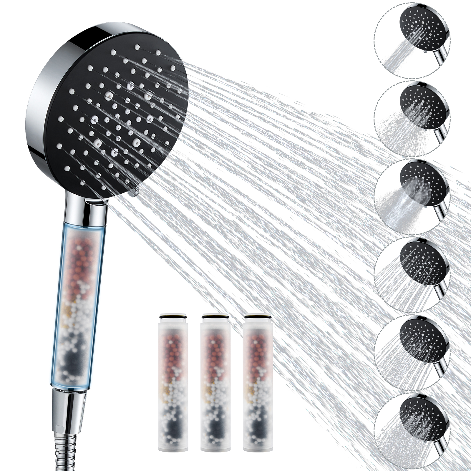 Auralum Max Duschbrause Mit Filter Für Hartes Wasser – Hochdruck-handbrause Mit 6 Strahlarten, Wasserspar-design, Inkl. 5 Ersatzfiltern – Badaccessoires Für Zuhause – Schwarz