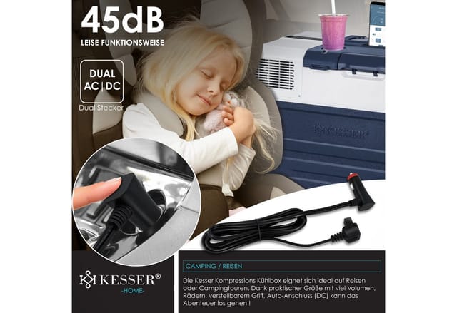 KESSER Kühlbox Kompressor Kühlbox elektrisch Gefrierbox APP-Steuerung USB-Anschluss, 52 l, 12/24 V 230V, +Teleskopstange, 2x Kühlbox Räder Kühlschrank -20 °C
