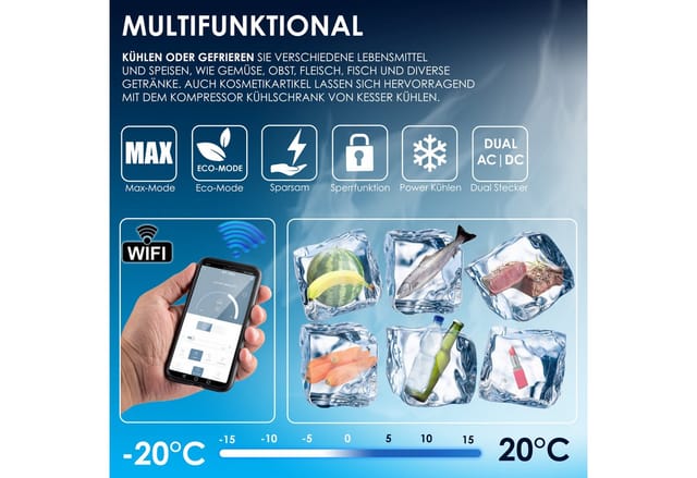KESSER Kühlbox Kompressor Kühlbox elektrisch Gefrierbox APP-Steuerung USB-Anschluss, 42 l, 12/24 V 230V, +Teleskopstange, 2x Kühlbox Räder Kühlschrank -20 °C