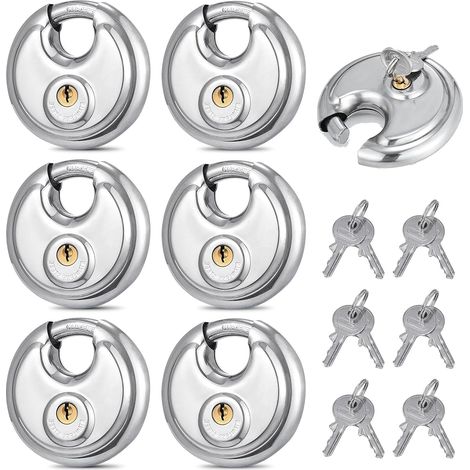 Set Mit 6 Scheibenschlössern, 70 Mm, Edelstahl, Mit Schlüssel, Rostfrei, Wetterfest, Sicherheitsschloss Für Lagerhalle, Garage, Gartenhaus Und Fitnessstudio