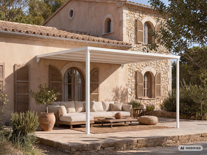 Terrassenüberdachung, Wandmontierte Pergola Santa Ynez, 4x3m, Weiß/beige - Dancover
