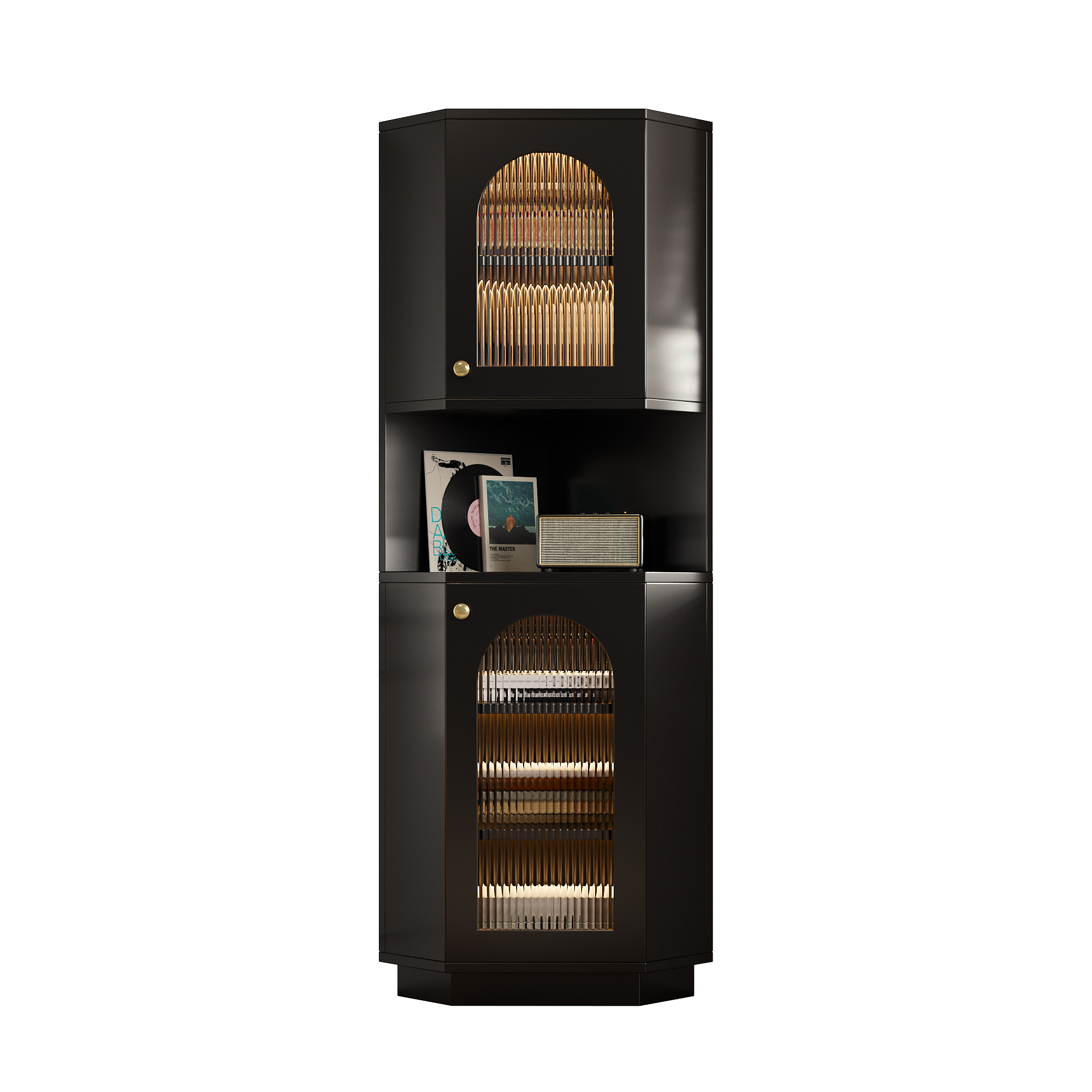 Elvmi Bad-eckschrank Mit Tür, Verstellbaren Einlegeböden Und Innenbeleuchtung, Aus Mdf, Schwarz