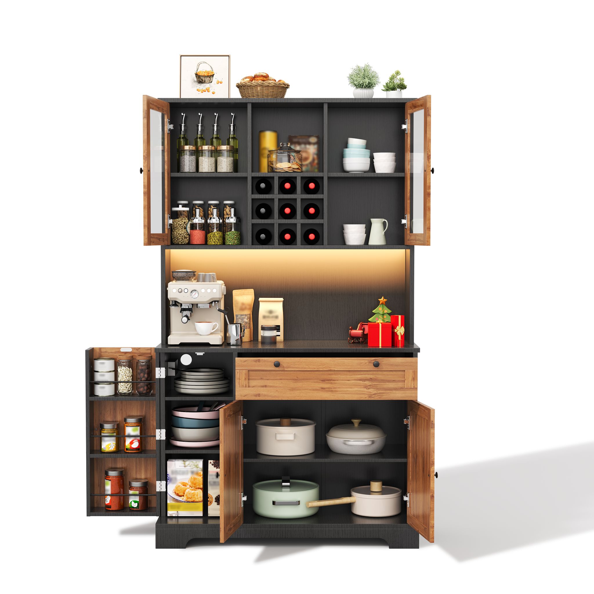 Elvmi Küchenschrank Mit 5 Türen, 1 Schublade, Verstellbaren Einlegeböden, Led Und Steckdosen, Mdf, 105 X 40 X 180 Cm, Schwarz Natur