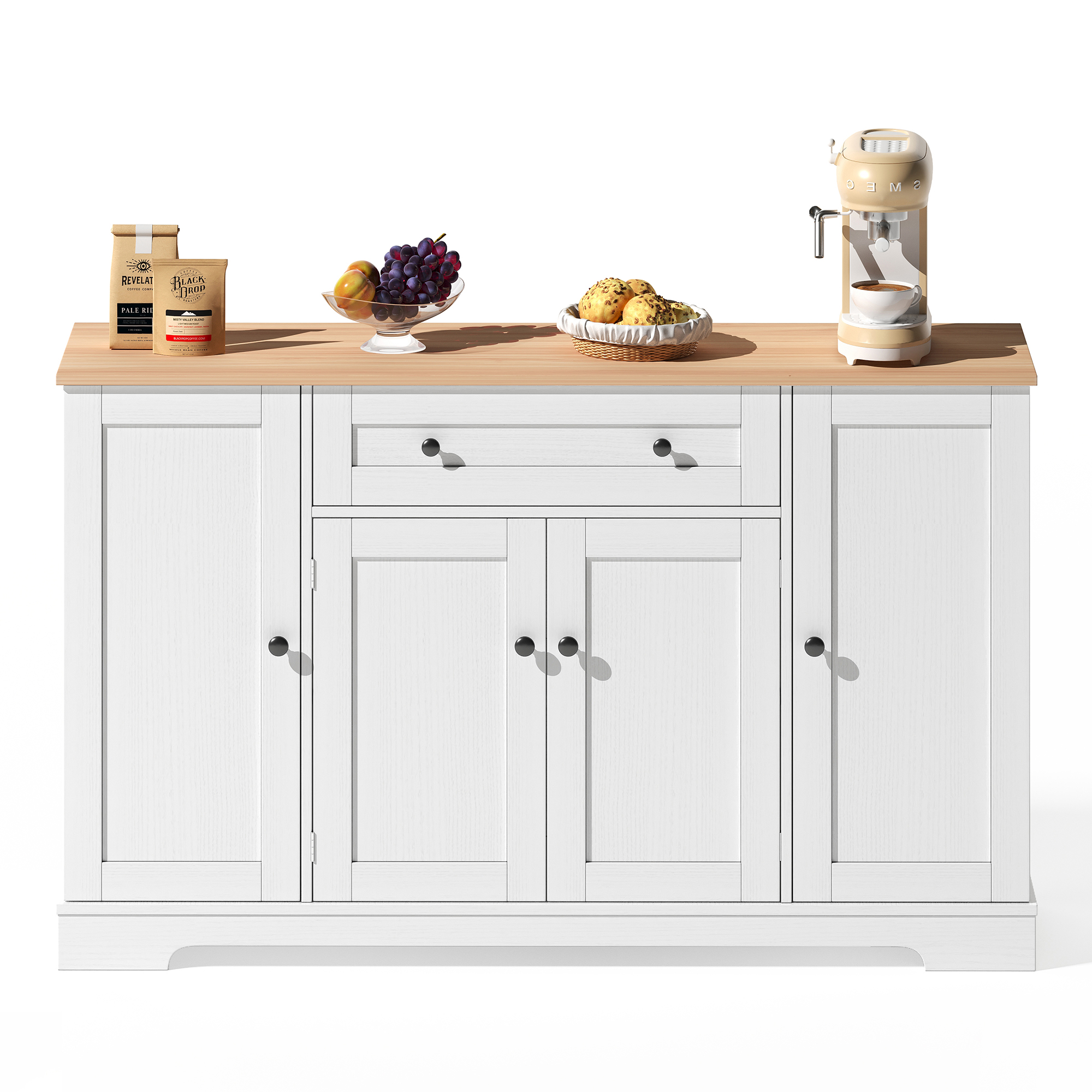 Elvmi Küchenbuffet Mit 1 Schublade, 3 Schränken Und Verstellbaren Einlegeböden, Für Küche Oder Wohnzimmer, Mdf, Natur Und Weiß