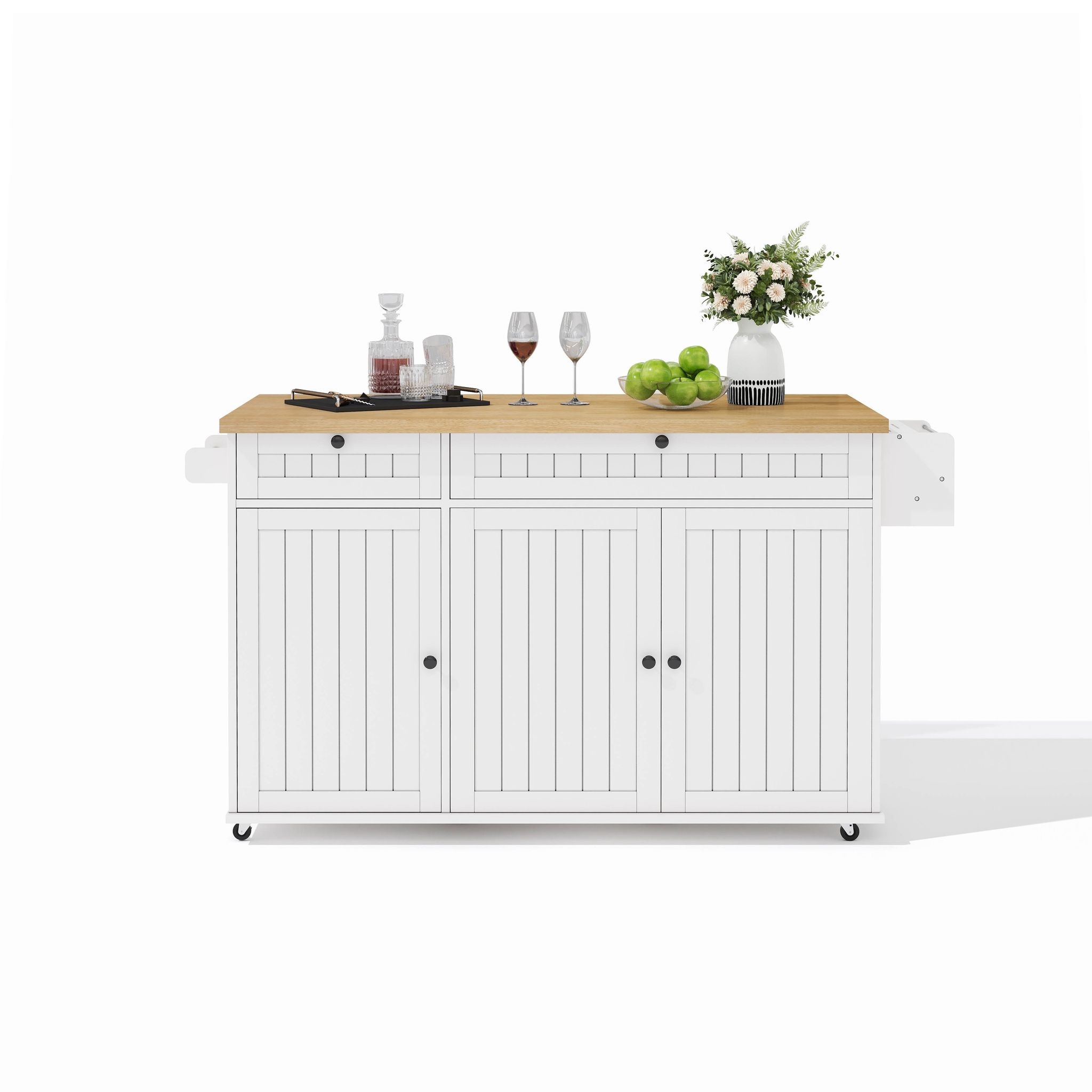 Elvmi Kücheninsel Mit 2 Schubladen, Schrank, Verstellbaren Regalen Und Klappbarer Arbeitsplatte, Mdf, 137 X 70 X 89.5 Cm, Natur Weiß