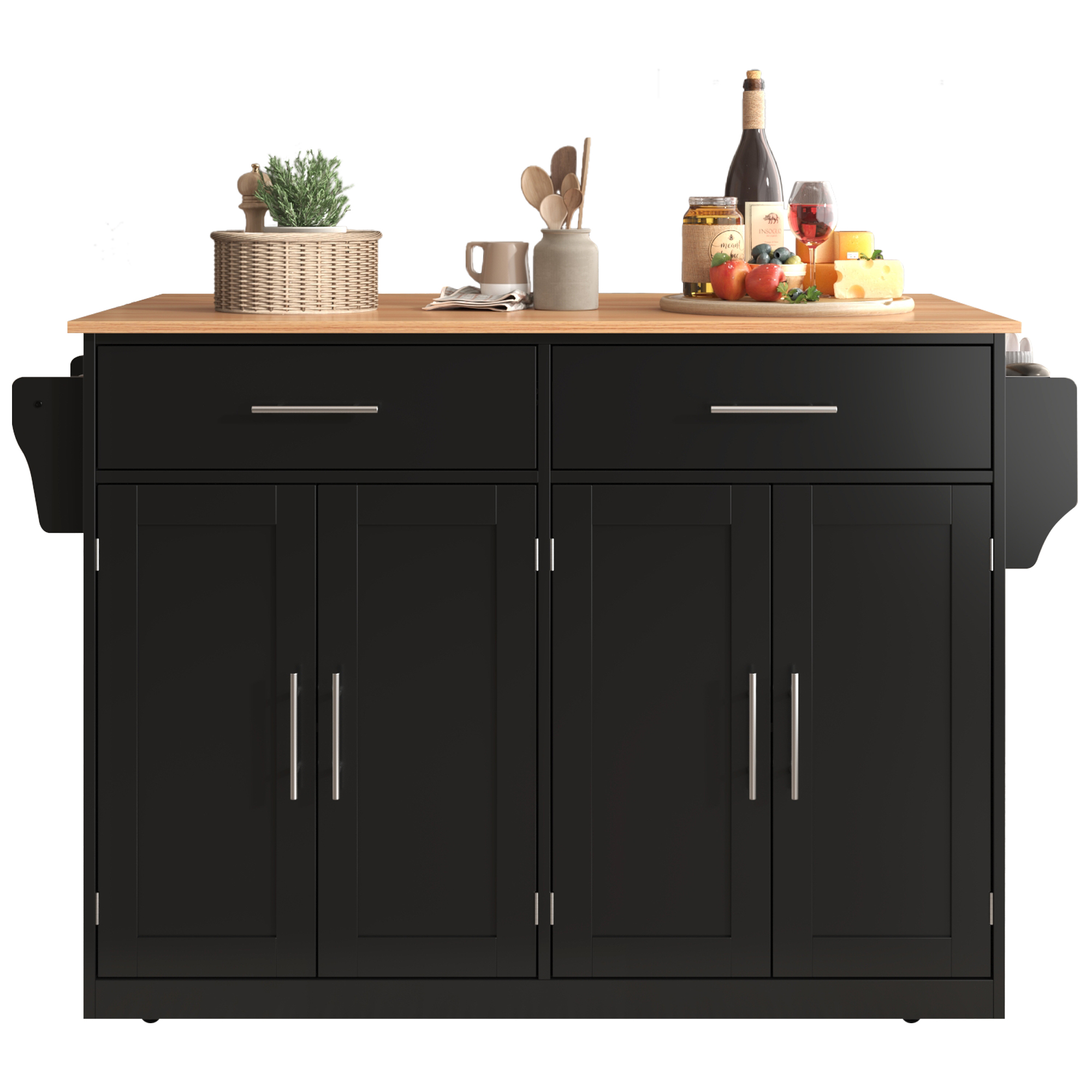 Elvmi Küchenwagen Mit 4 Türen, 2 Schubladen, Klappbarer Tischplatte Und Rollen, Küche, Mdf, 120 X 46 X 91.5 Cm, Schwarz Natur