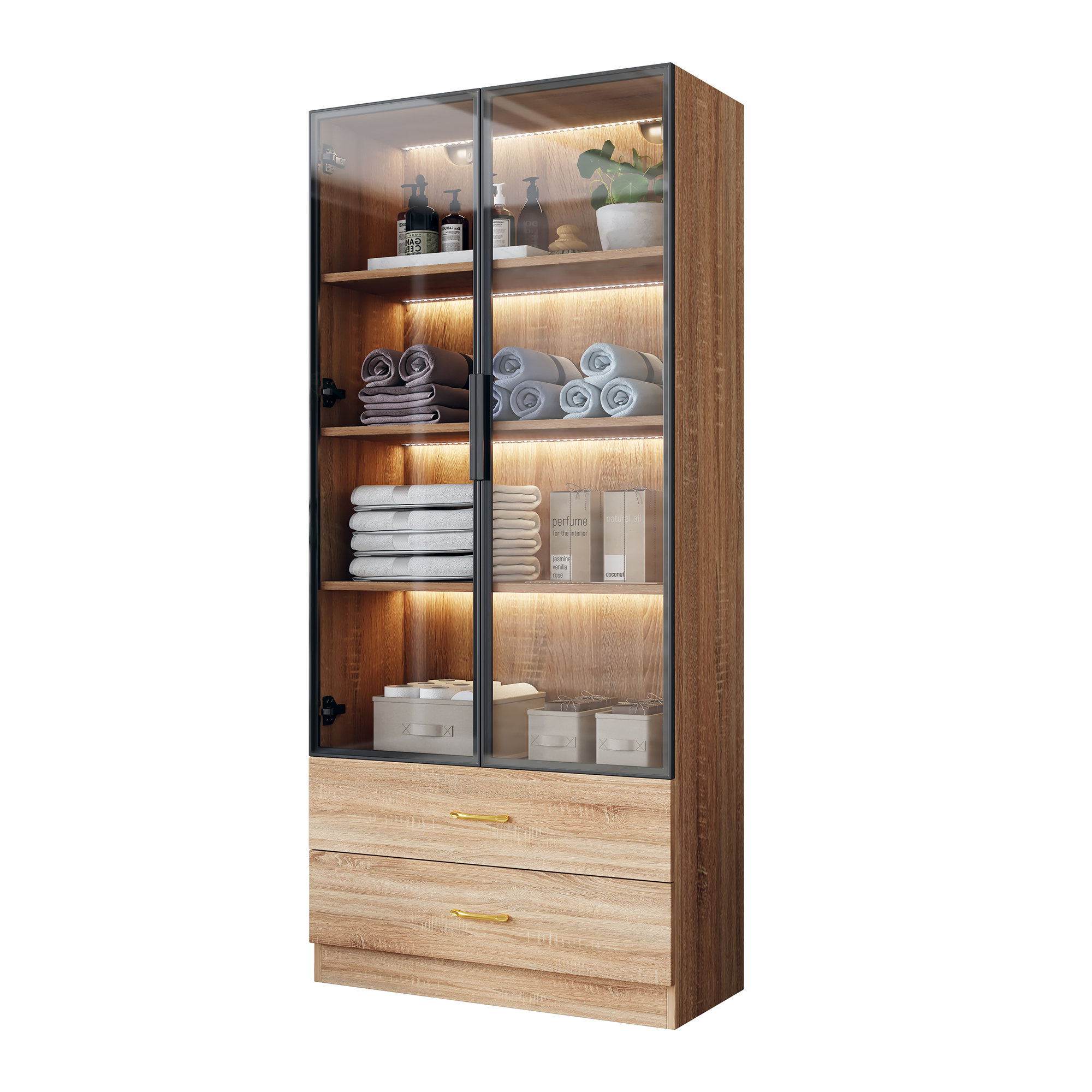 Elvmi Badezimmerschrank Mit Offenen Fächern Und Geschlossenem Stauraum, Aus Mdf, Für Badezimmer, Braun