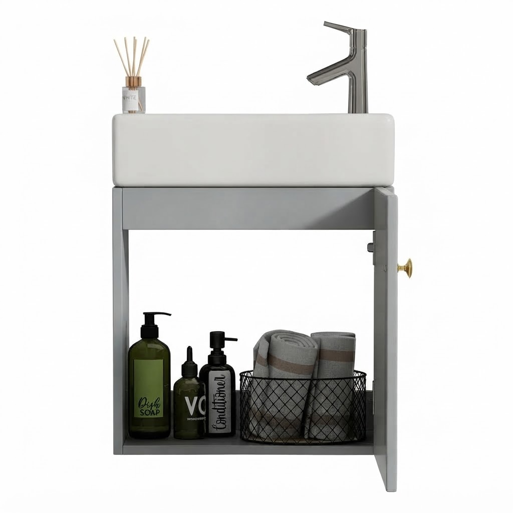 Elvmi Waschtischunterschrank Mit Soft-close-tür Und Keramikwaschbecken Für Badezimmer, Mdf Grau Und Weiß