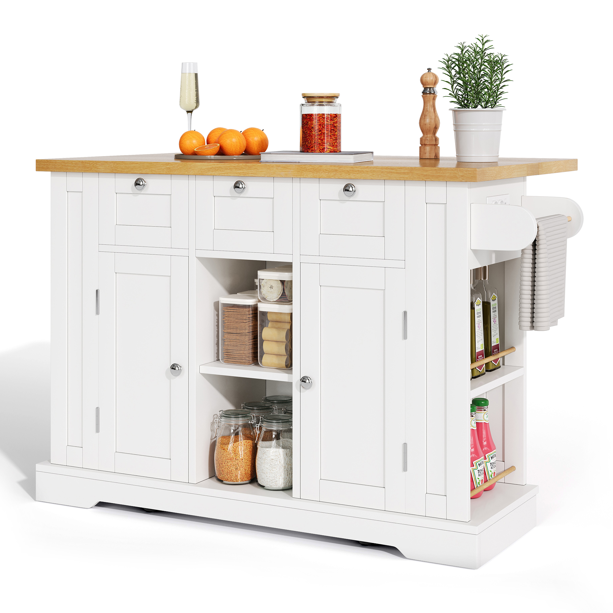 Elvmi Küchenwagen Mit 3 Schubladen, 2 Türen, Klappplatte Und Usb-anschlüssen, Mdf, 132 X 40(70) X 87 Cm, Weiß Natur