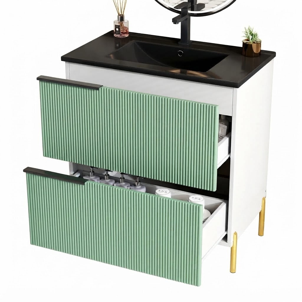Elvmi Freistehender Waschtischunterschrank Mit 2 Schubladen Und Keramikwaschbecken, Bad, Mdf, 81.5 X 47.0 X 90.0 Cm, Grün