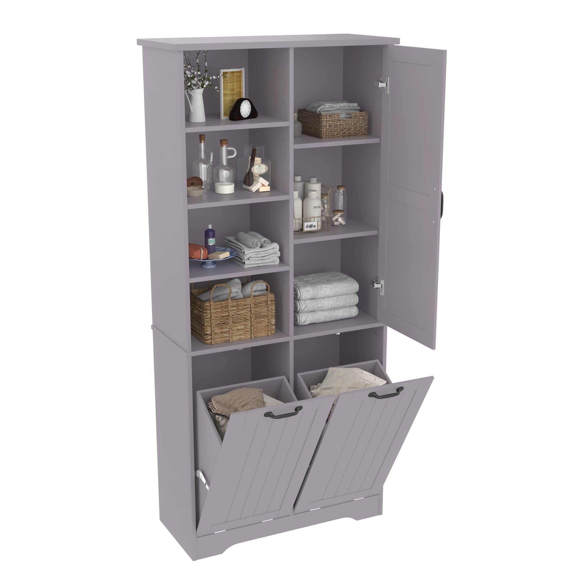 Elvmi Badezimmerschrank Mit 1 Tür, 2 Wäschekörben, 3 Offenen Fächern Und Verstellbarem Einlegeboden, Grau, 78 X 35 X 172.7 Cm